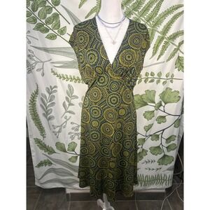 LIZZATTI Dress Geometric Print Teal Yellow Midi V Neck Cap Sleeve Womens Size 8